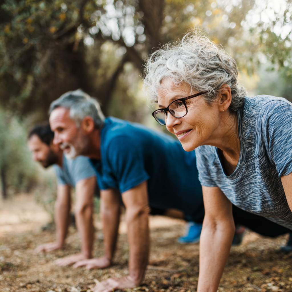 Middle-aged adults engaging in balanced fitness activities in natural environment
